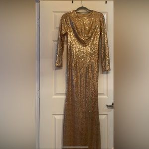 Long sleeve gold sequin gown